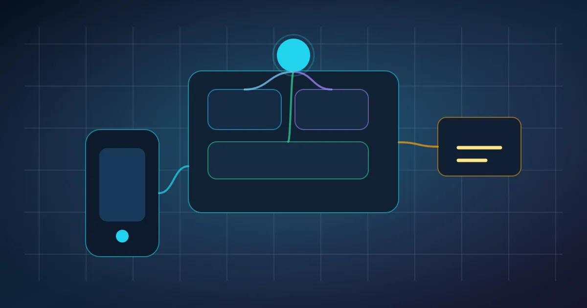Local editorial illustration showing a mobile device, dashboard and connected signals handled by an AI assistant.
